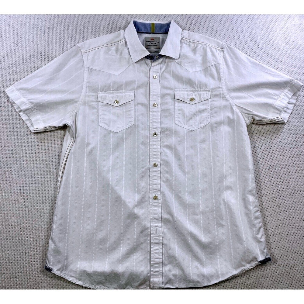 Tommy Bahama‎ Men Shirt White Cotton Large Island Modern Fit Western Stripe